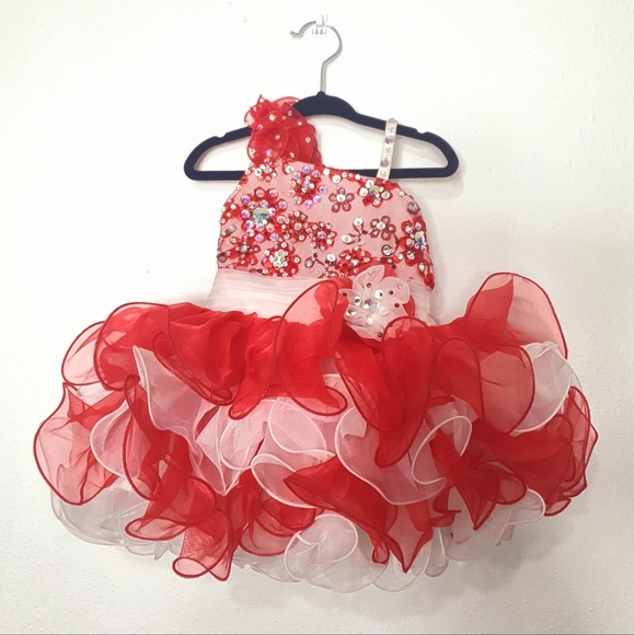 Red White Cupcake Glitz Pageant Dress with Bow and Bloomers - Picture 1 of 11